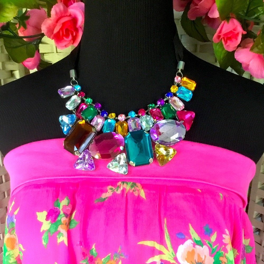 Multi Color Rhinestone Ribbon Bib Statement Necklace Chunky New - Picture 3 of 9